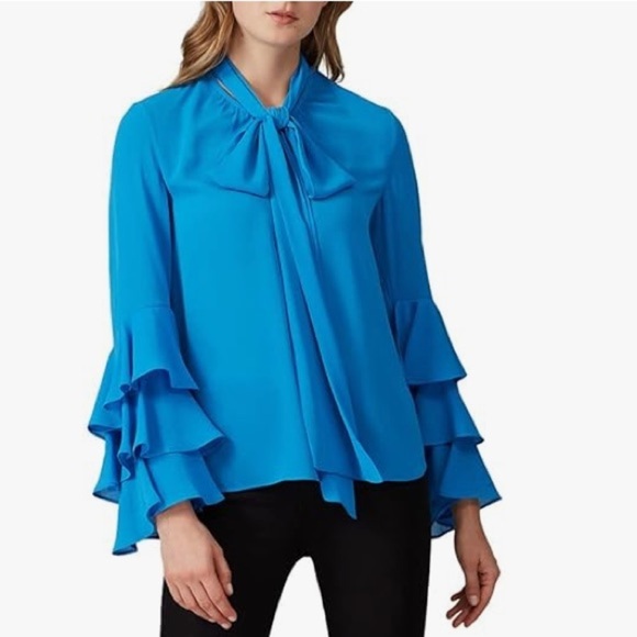 Prabel Gurung women’s blue ruffle tie flowing blouse size 14 excellent condition - Picture 1 of 13